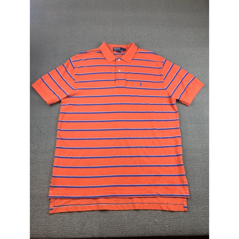 Polo By Ralph Lauren Men's L Orange Blue Striped Short Sleeve Polo Shirt‎